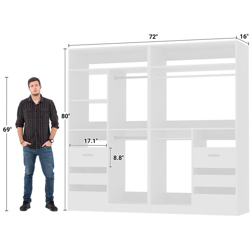 Qvella 72'' Closet System with 6 Wooden Drawers and 4 Hanging Rods, Walk-in Closet Organizer with 10 Storage Shelves