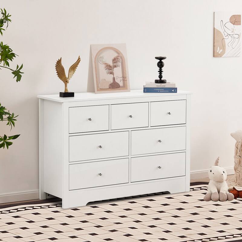 White Particleboard MDF Dresser with 7 Drawers, Metal Handles