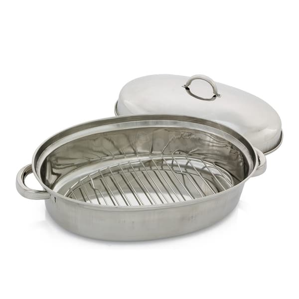 42cm Stainless Steel Oval Roaster Roasting Pan Dish With Domed Lid Rack