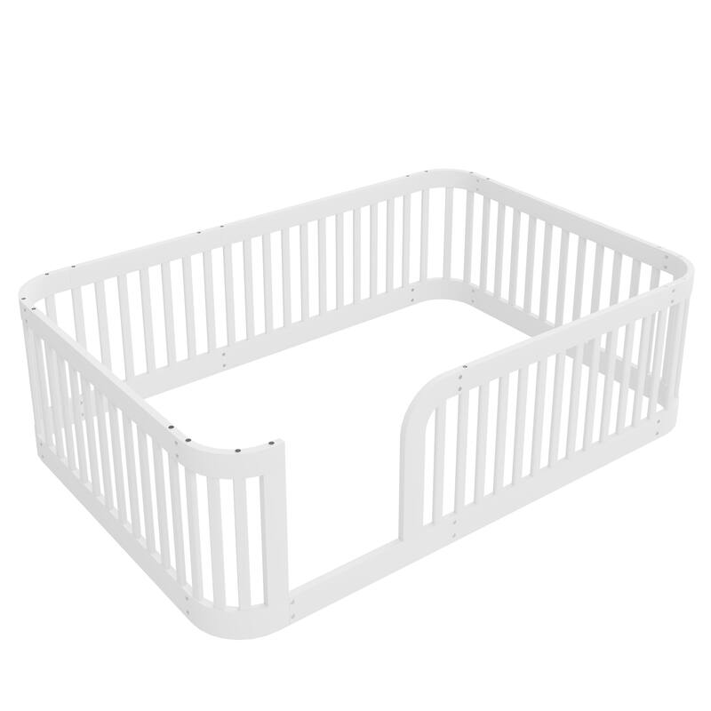 Full Size Wood Floor Bed Frame with Fence, White - Safe and Stylish for Kids