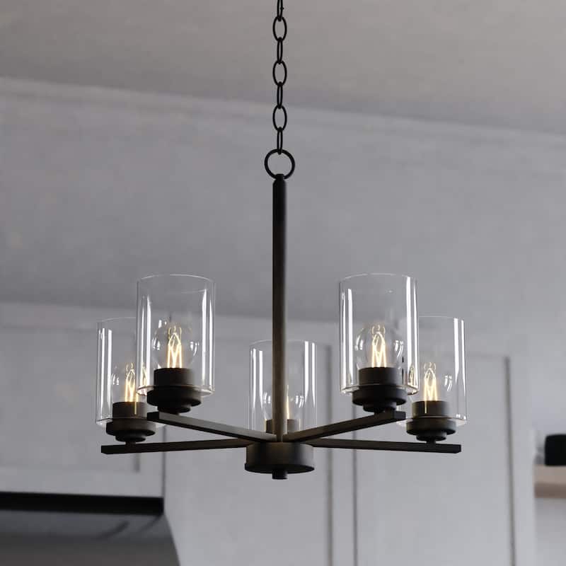 Park Ridge 5-Light Round Chandelier, Clear Glass Shade, Pendant Fixture for Dining Table Kitchen Entryway Bedroom Island - Matte Black - 21-in W x 18-in H x 21-in D