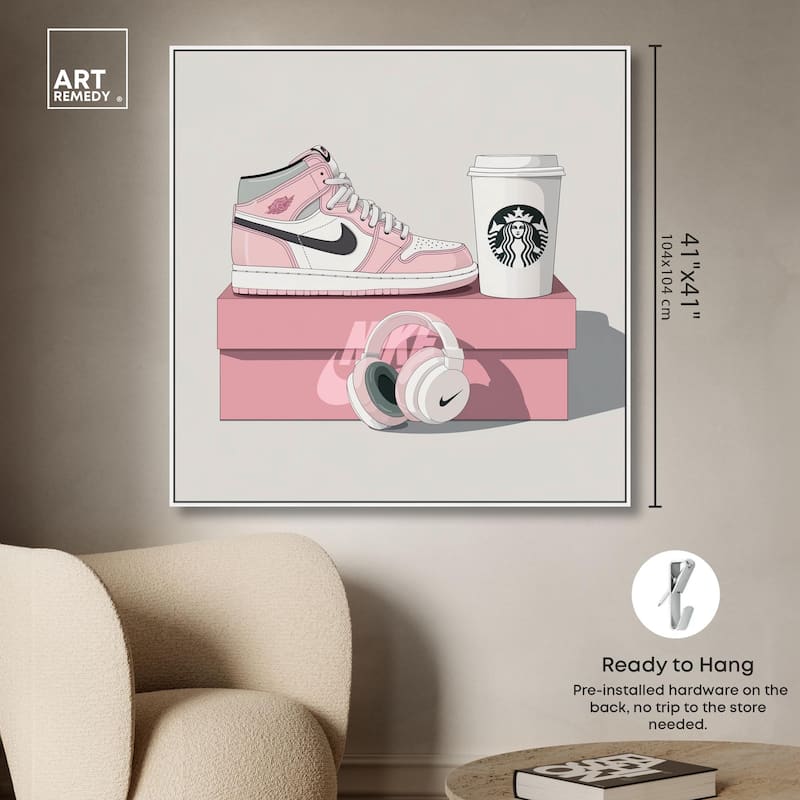 Pink Sneaker and Headphones Canvas by Art Remedy