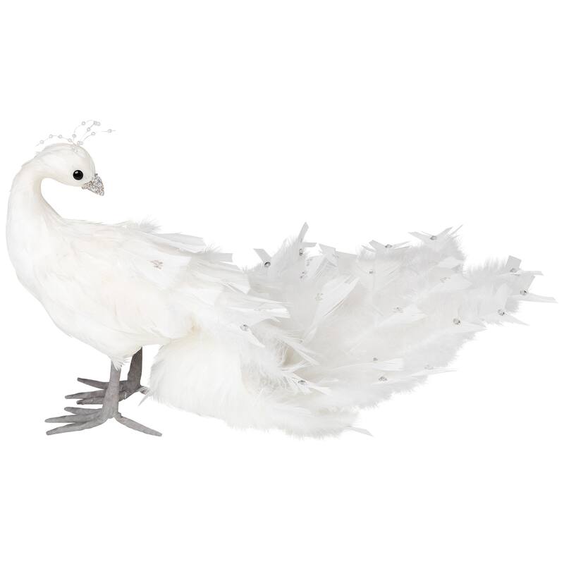 Jeweled and Glittered Peacock Christmas Decoration with Faux Pearls - 24" - White