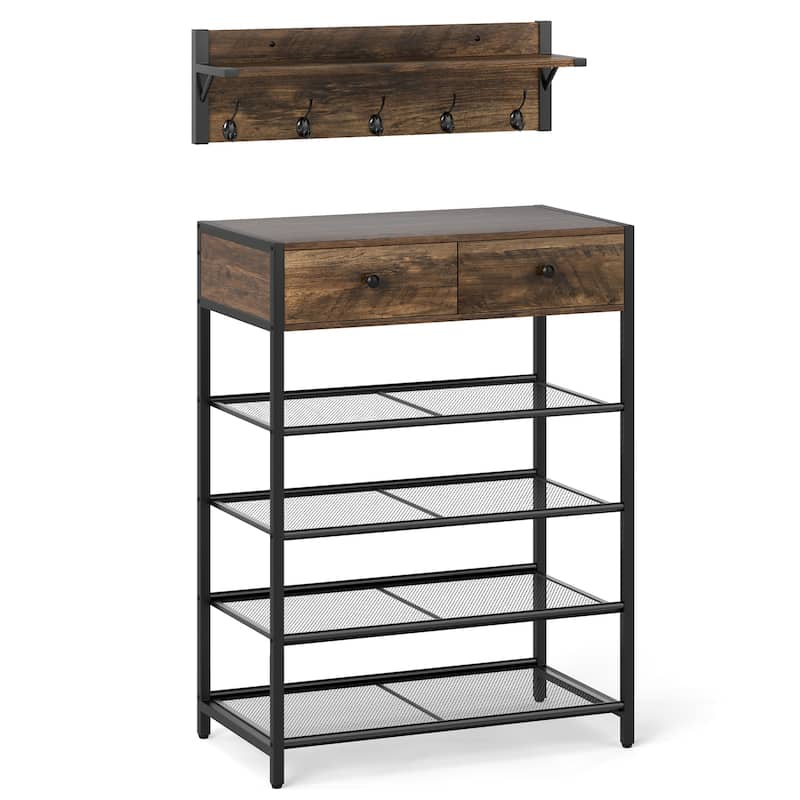 Gymax 5-Tier Shoe Rack w/ Wall-Mounted Coat Rack Hooks Drawers &