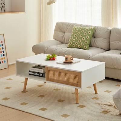 Rattan Coffee table, sliding door for storage