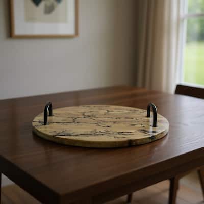 HomeRoots 16" Brown And Black Solid Wood Abstract Round Serving Tray With Handles - 16.00 in. x 3.00 in. x 16.00 in.