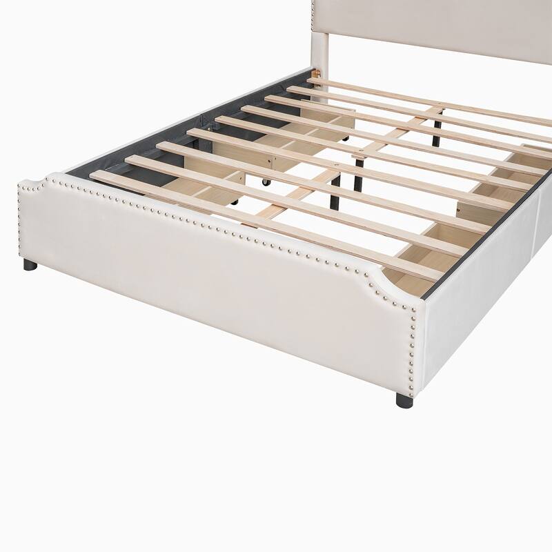 Queen Size Velvet Upholstered Platform Bed with Stud Trim Headboard, Footboard and Drawers