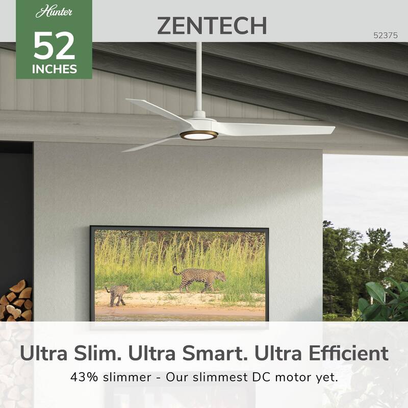 Hunter ZenTech Indoor / Outdoor 3-Blade Smart Ceiling Fan w/ LED Light and Handheld Remote - Modern & Contemporary.