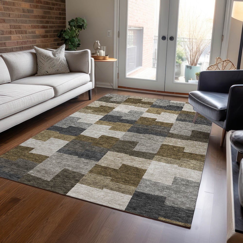 Machine Washable Indoor/ Outdoor Chantille Modern Blocks Rug