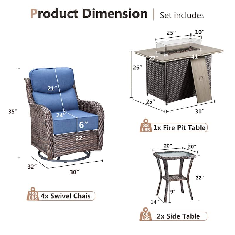 Pocassy Outdoor 6 Inch Sofa Swivel Chairs with Fire Pit Table Set