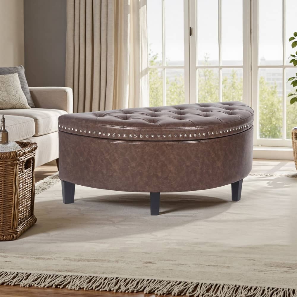 Adeco Half Moon Tufted Storage Ottoman Bench