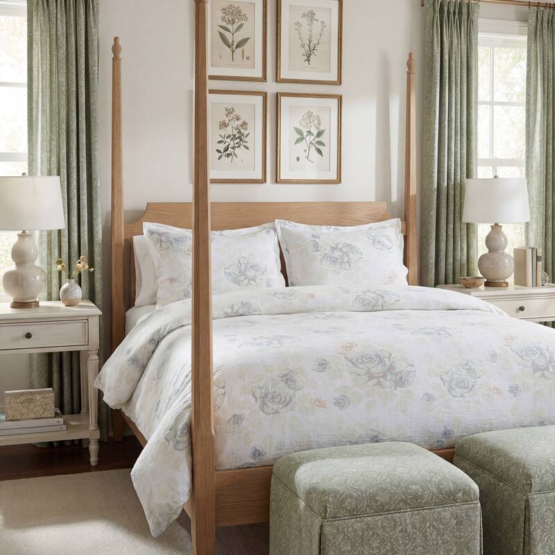 HiEnd Accents Rosaline Washed Linen Romantic Floral Comforter Set, 3PC