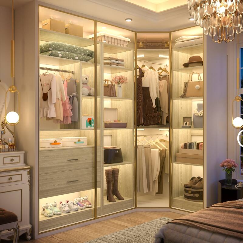 Rackcog 63.2'' W Corner Closet System with 2 Wooden Drawers and 3 Hanging Rods, Walk-in Closet Organizer with 12 Storage Shelves