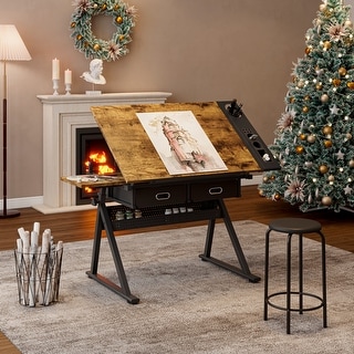 Adjustable drafting table and desk with two drawers for home, office and school, with stools