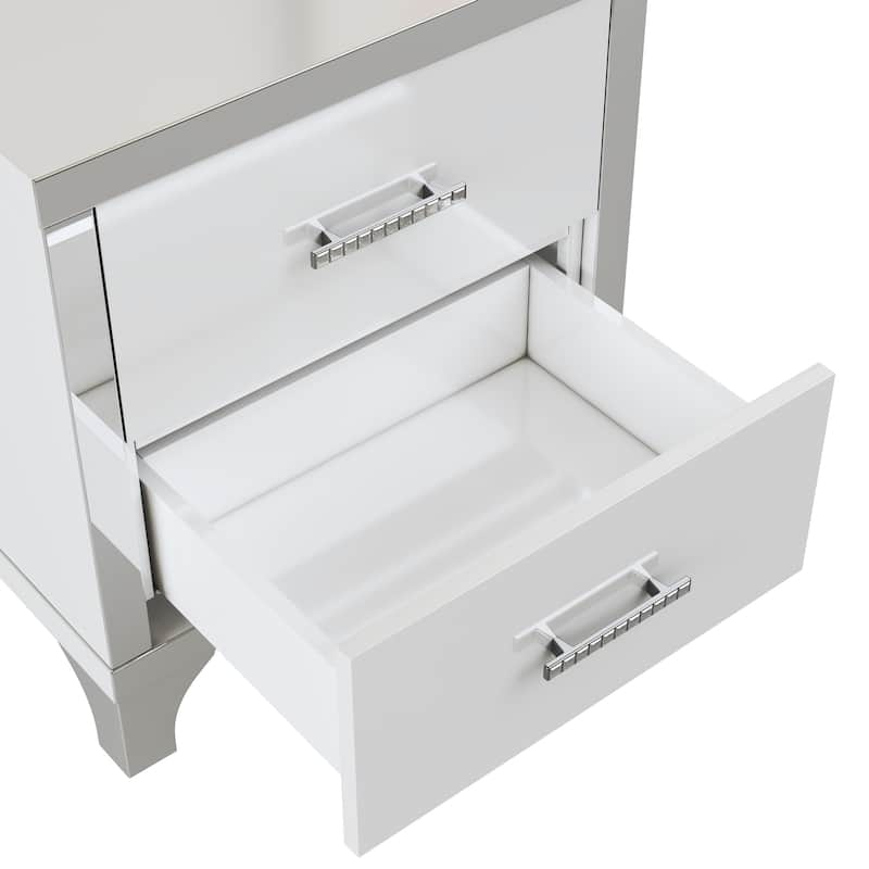 Mirrored Nightstand with 2 Drawers, Bedside Table with Metal Handle, Sofa Side Table with Mirrored Edge and Legs