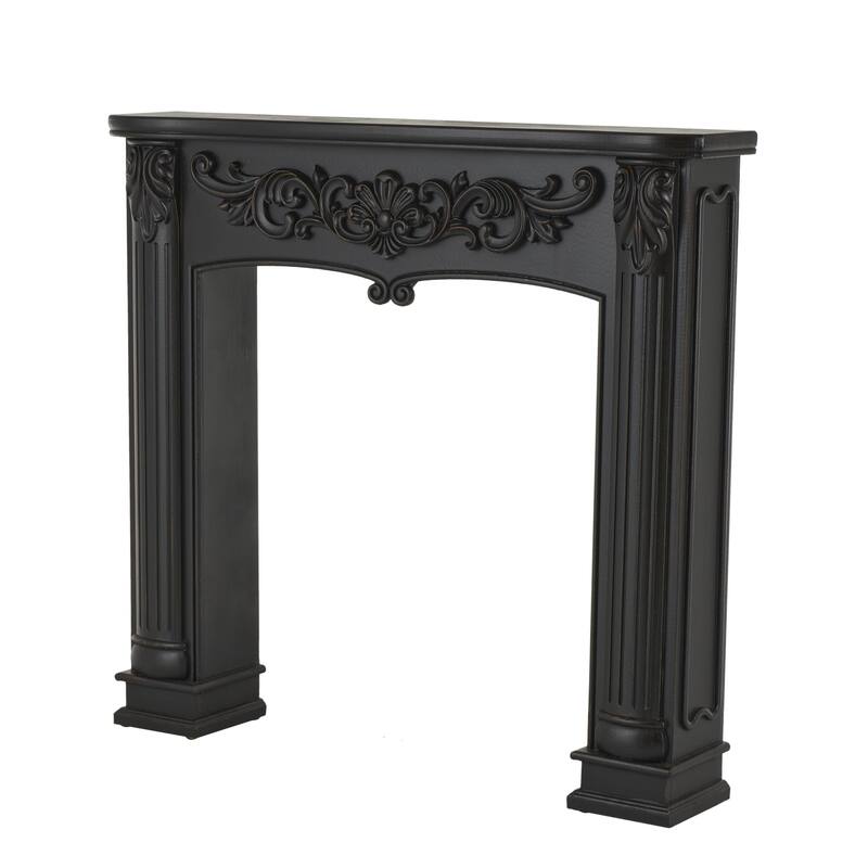 Black Wooden Freestanding Scroll Decorative Fireplace Mantle with Floral Accents - 9"W x 45"L x 43"H