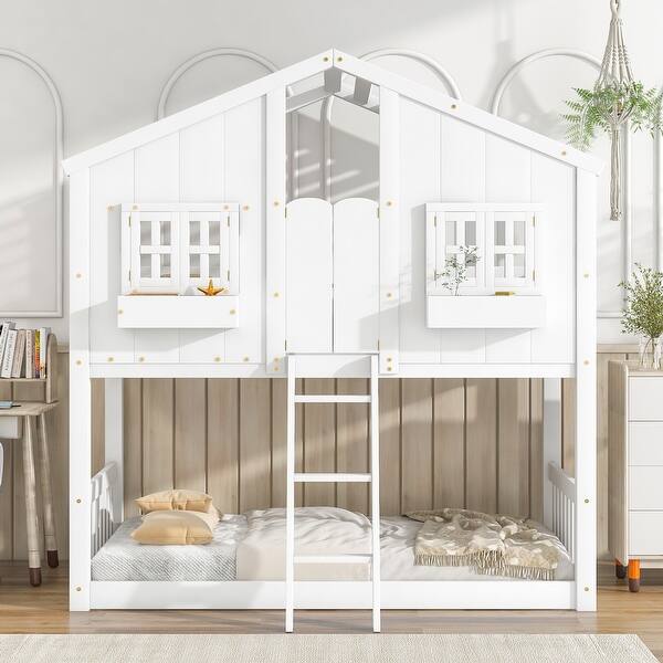 slide 2 of 9, Twin over Twin House Bunk Bed with Roof Window Door with Safety Guardrails and Ladder, Natural/White White
