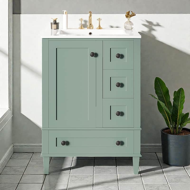 24" Bathroom Vanity with Integrated Ceramic Sink, Soft-Close Drawers and Door, Cabinet with Door Storage Rack