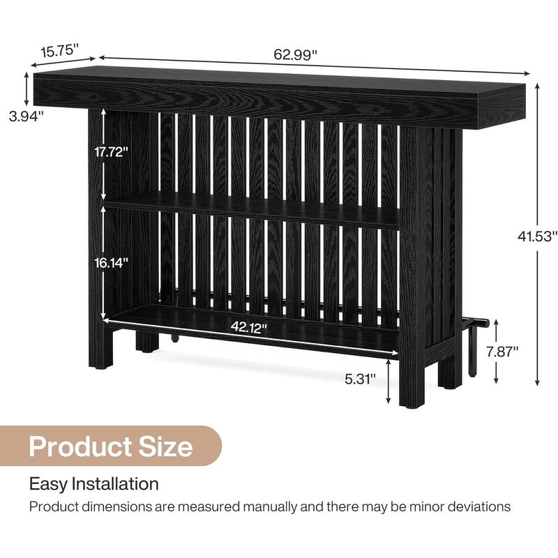 63" Modern Black Home Bar Unit -2-Tier Mini Bar Table with Footrest, Tall Pub Table for Kitchen, Bistro, Dining Room