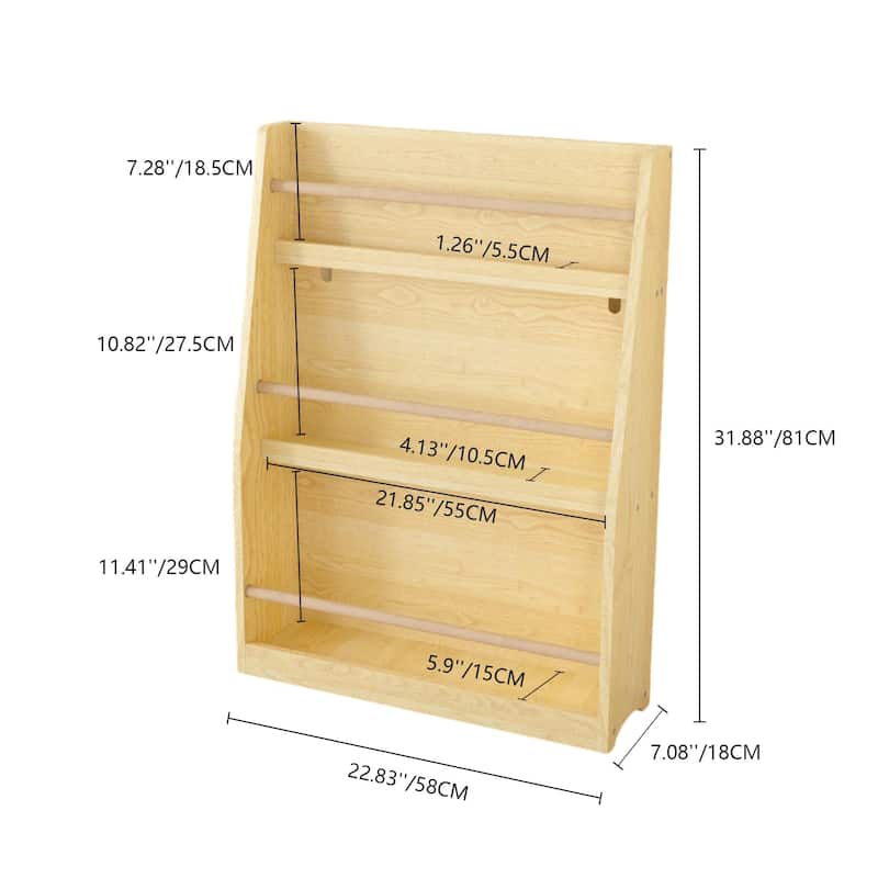 3 Tier MDF Pine Wood Kids Book Rack Shelf with Safe Tip-Over Protection Included for Playroom or Nursery