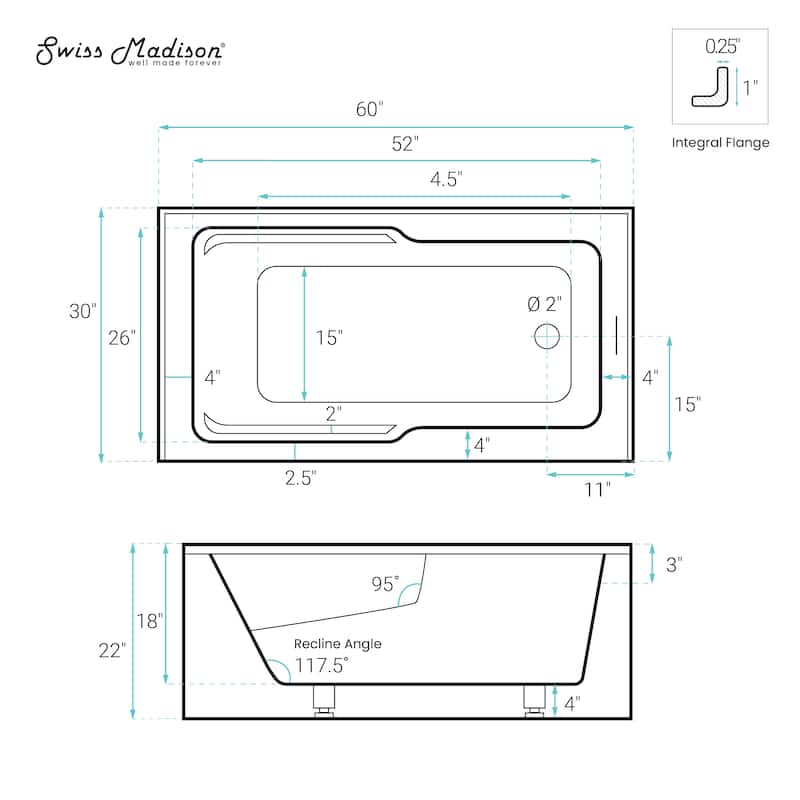 Voltaire 60 x 30 Right Drain Soaking Apron Bathtub in Black with Overflow, Drain