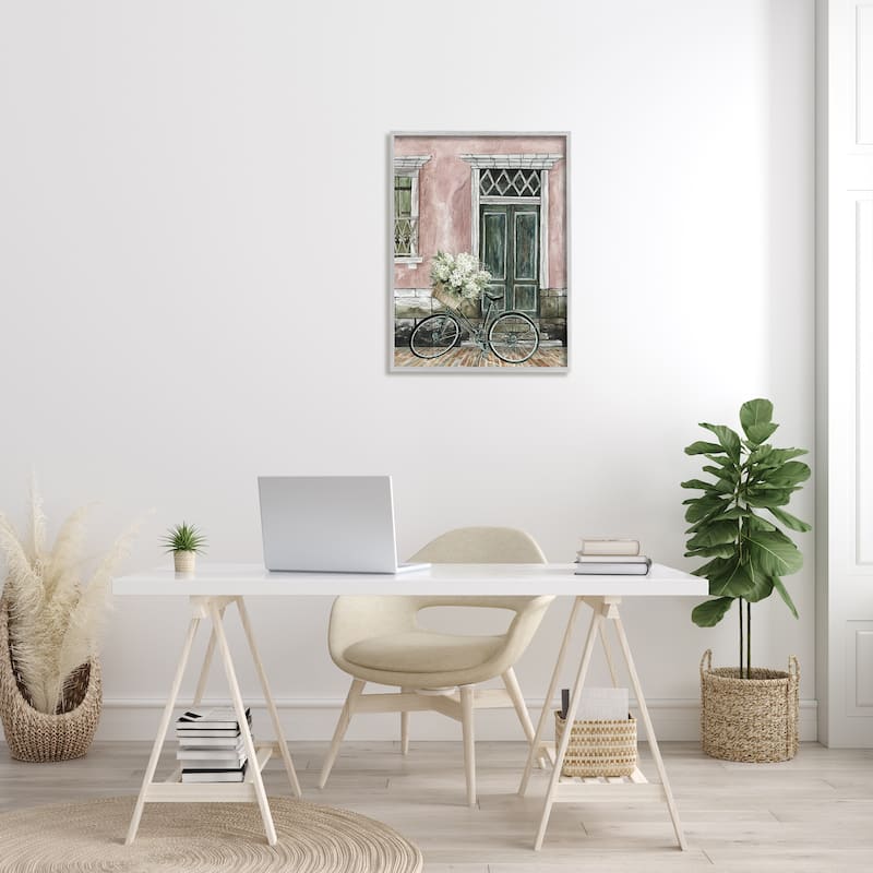 Stupell Spring Bicycle Lush Floral Bouquet Vintage City Architecture Framed Wall Art - Pink