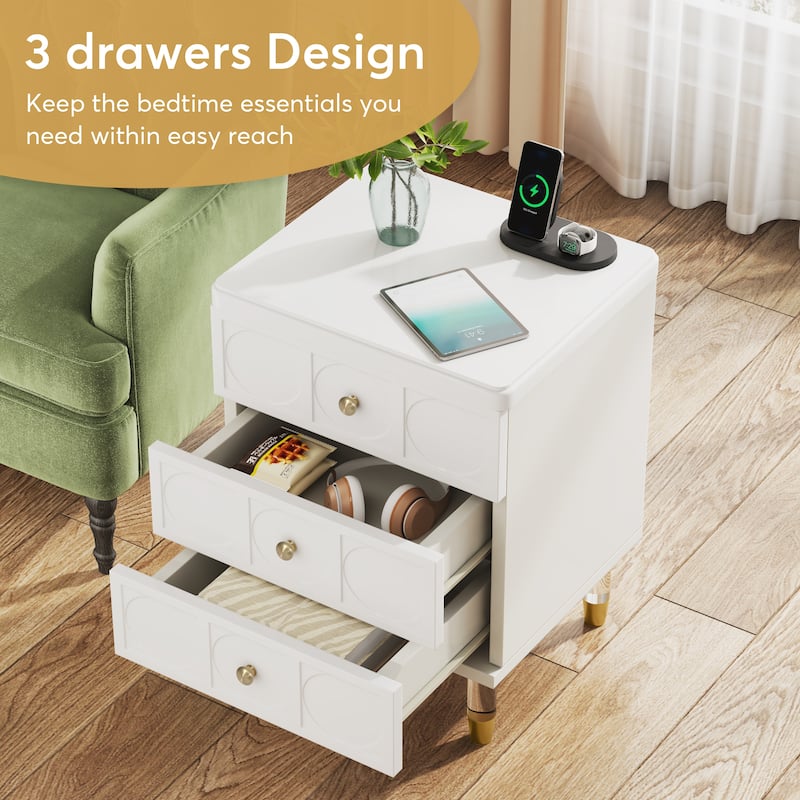 3-Drawer Nightstand Bedside Table,Bedroom Tall Night Stands with White and Gold finish Sofa End Table with Storage