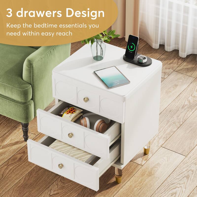 3Drawer Nightstand Bedside Table,Bedroom Tall Night Stands with White