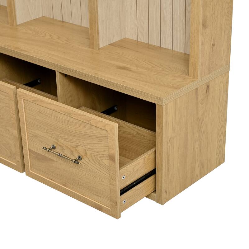 Farmhouse Hall Tree Bench with Arched Design, 8 Hooks & 3 Storage Drawers, 59" Wide Entryway Coat Rack