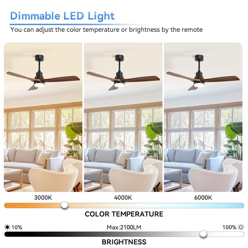 52"/60"/48" Noiseless Walnut Wood Ceiling Fan with Remote Control, Integrated Light Optional