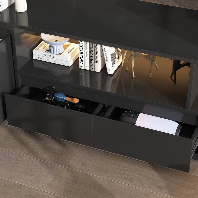 Modern Black TV Stand with LED Lighting and Expandable Open Area: Stylish, Customizable & Ultra - Practical