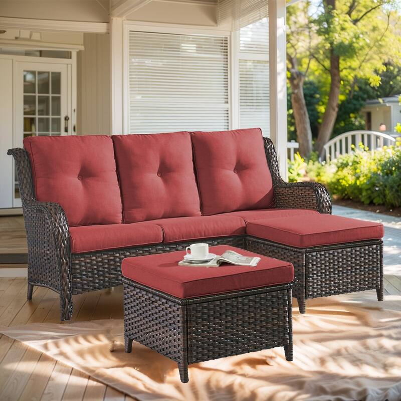 Outdoor 3-Piece Sofa with Ottomans Brown-Red - Brown - Brown - Red