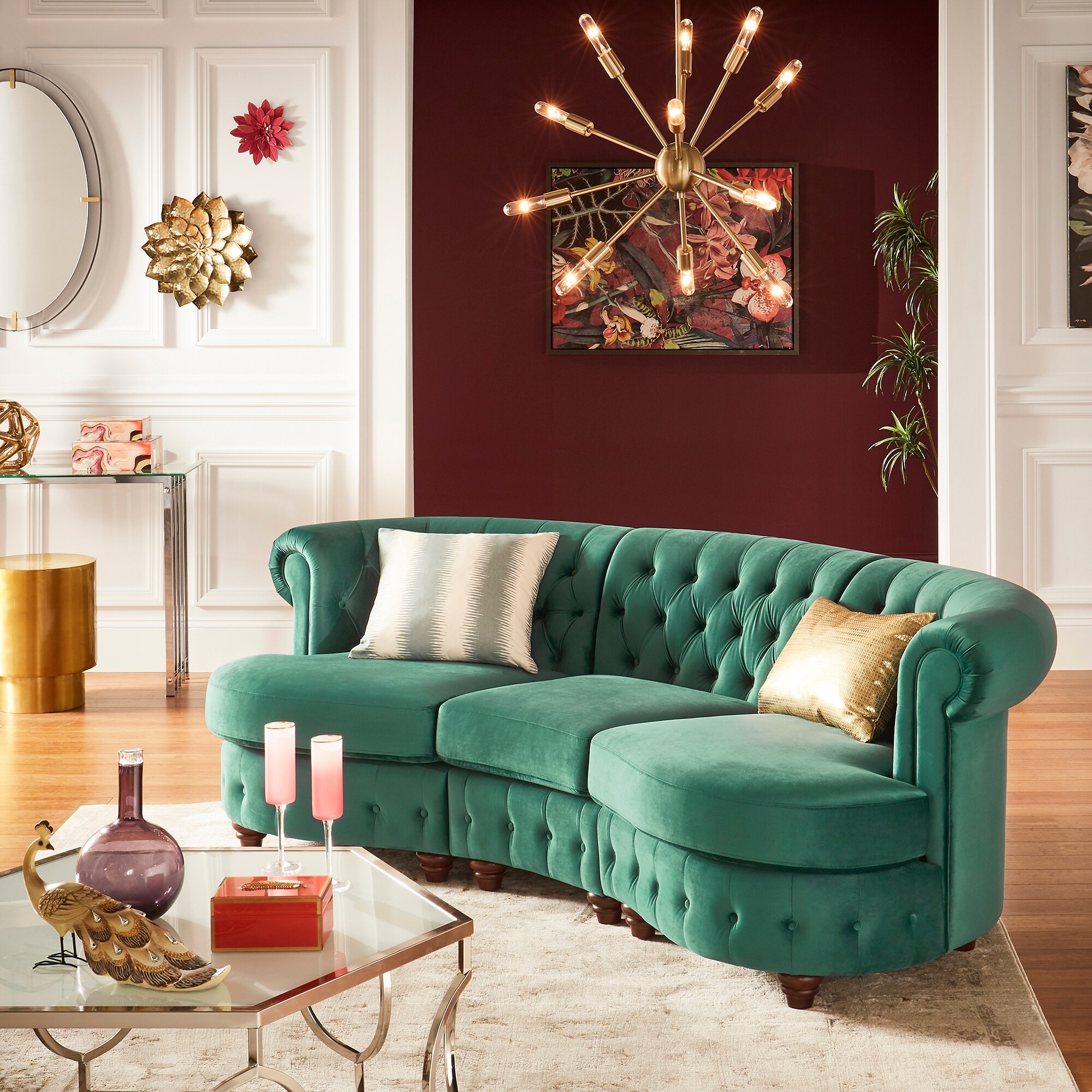 Shop Morgan Velvet Tufted Scroll Arm Chesterfield Curved Sofa By