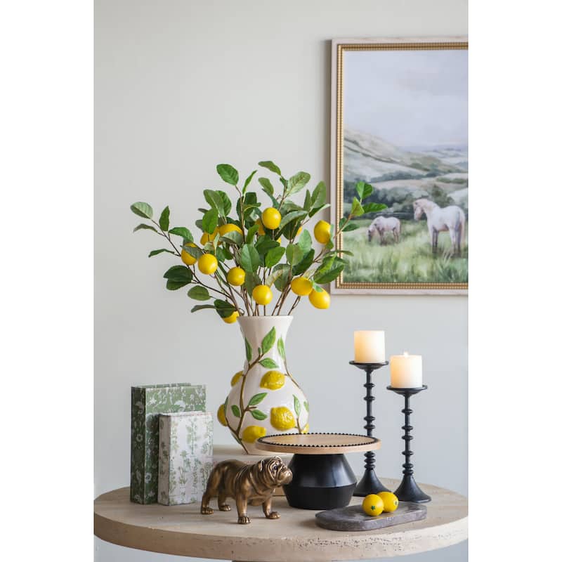 9x9x13.5" Round White Ceramic Vase with Vibrant Yellow Lemon Accents