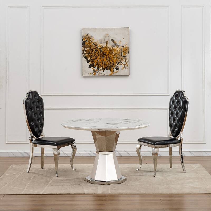 47" Round Dining Table with Faux Marble Tabletop and Stainless Steel Base - Silver+White