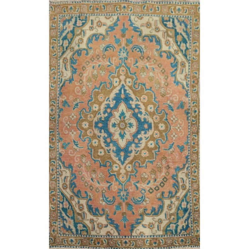 Hand Knotted Oriental 100% Wool Carpet Traditional Floral Coral Tabriz Area Rug - 4' 9'' X 3' 0''