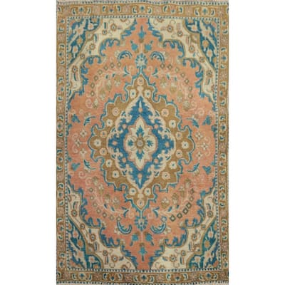Hand Knotted Oriental 100% Wool Carpet Traditional Floral Coral Tabriz Area Rug - 4' 9'' X 3' 0''