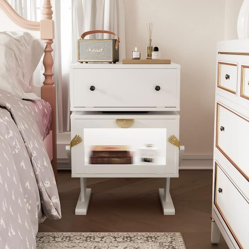 Nightstand with Rotating Drawer and LED Light Strip - White