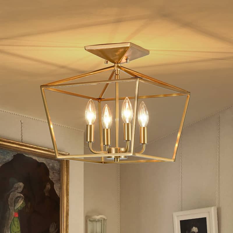 French Country Candle Iron Square Cage Semi Flush Ceiling Lantern - Brass