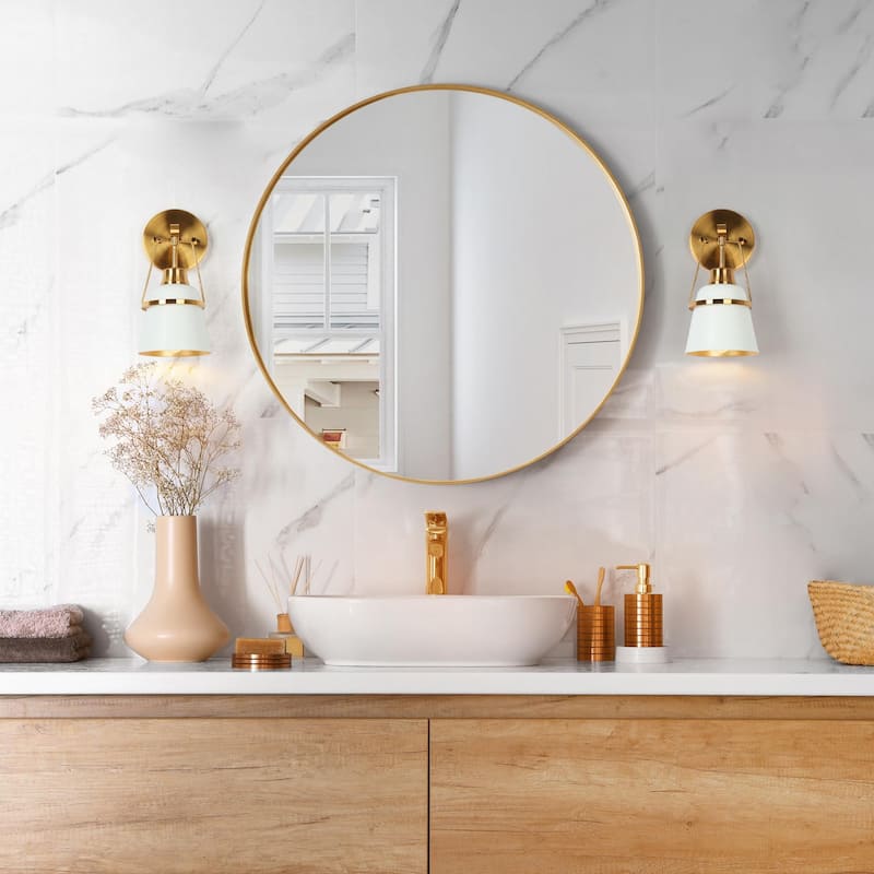 Mid-century Modern Glam White 1-Light Brass Gold Bathroom Vanity Lights with Cone Metal Shade - L 4.7"* D 5.7"* H 11"