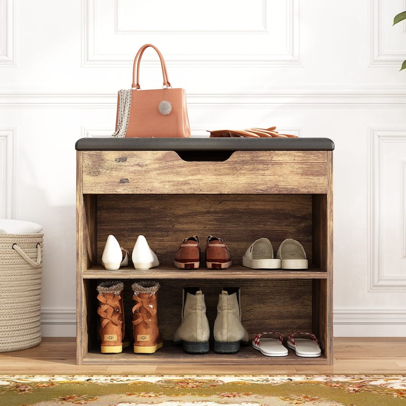 24" Rustic Entryway Shoe Storage Bench Open Shelf (6 Pairs) Shoe Storage Cabinet