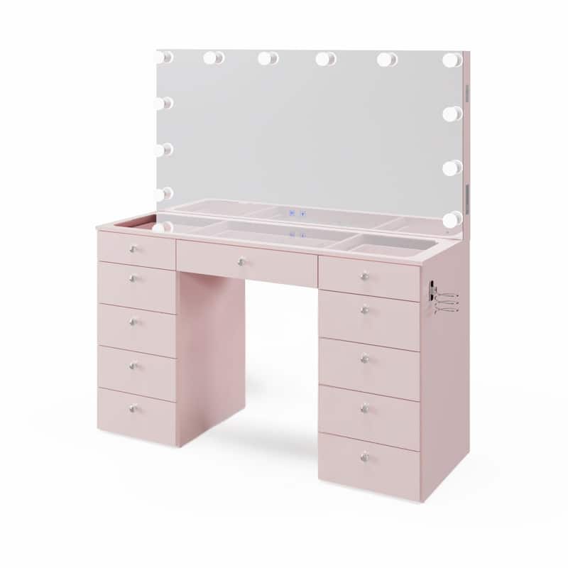 Makeup Vanity Desk, Glass Top, 12 LED Lights BT Speakers & 11 Drawers