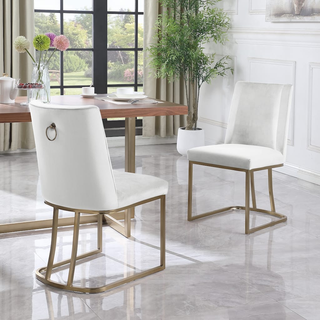 Dining Chairs, Velvet Upolstered Chair, Gold Metal Legs (Set of 2) - White