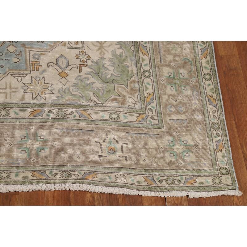 Geometric Blue Tabriz Persian Area Rug Handmade Blue Wool Carpet - 6'7"x 9'8"