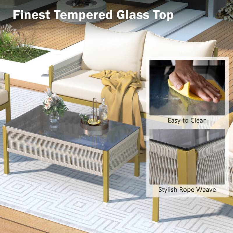 4-Piece Patio Furniture Set, Outdoor Garden Conversation Set with Tempered Glass Table, Deep Seating and Thick Cushion