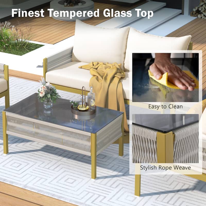 Roomfitters 4-Piece Rope Patio Furniture Set, Outdoor Furniture with Tempered Glass Table, Deep Seating with Thick Cushion