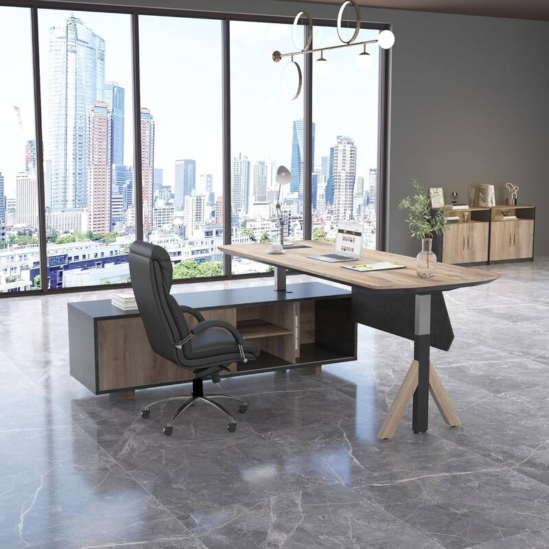 Adjustable L Shape Executive Desk With Shelves Drawers Memory Controller Height Adjustment
