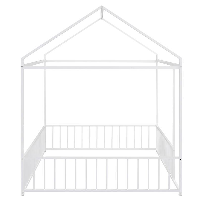Full Size Metal Bed House Bed Frame with Fence for Kids