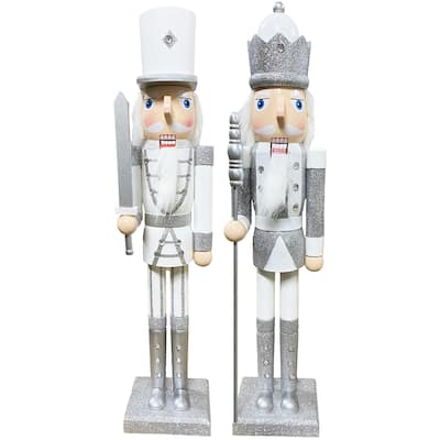 24 inch White and Silver Nutcracker, Set of 2