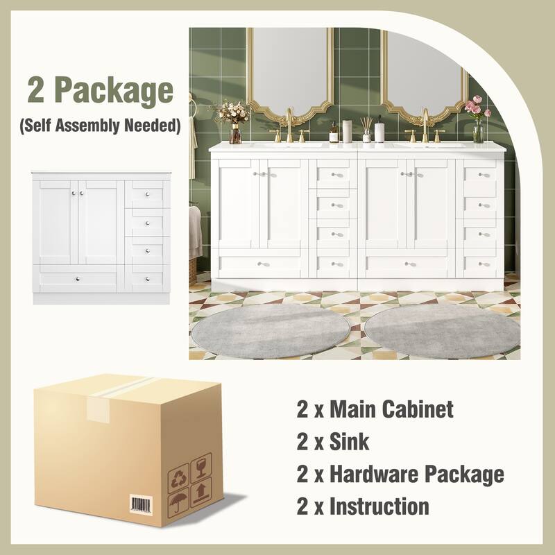 72" Shaker Style Double Sink Bathroom Vanity with Ceramic Top, Soft-Close Doors and Drawers, Freestanding Cabinet